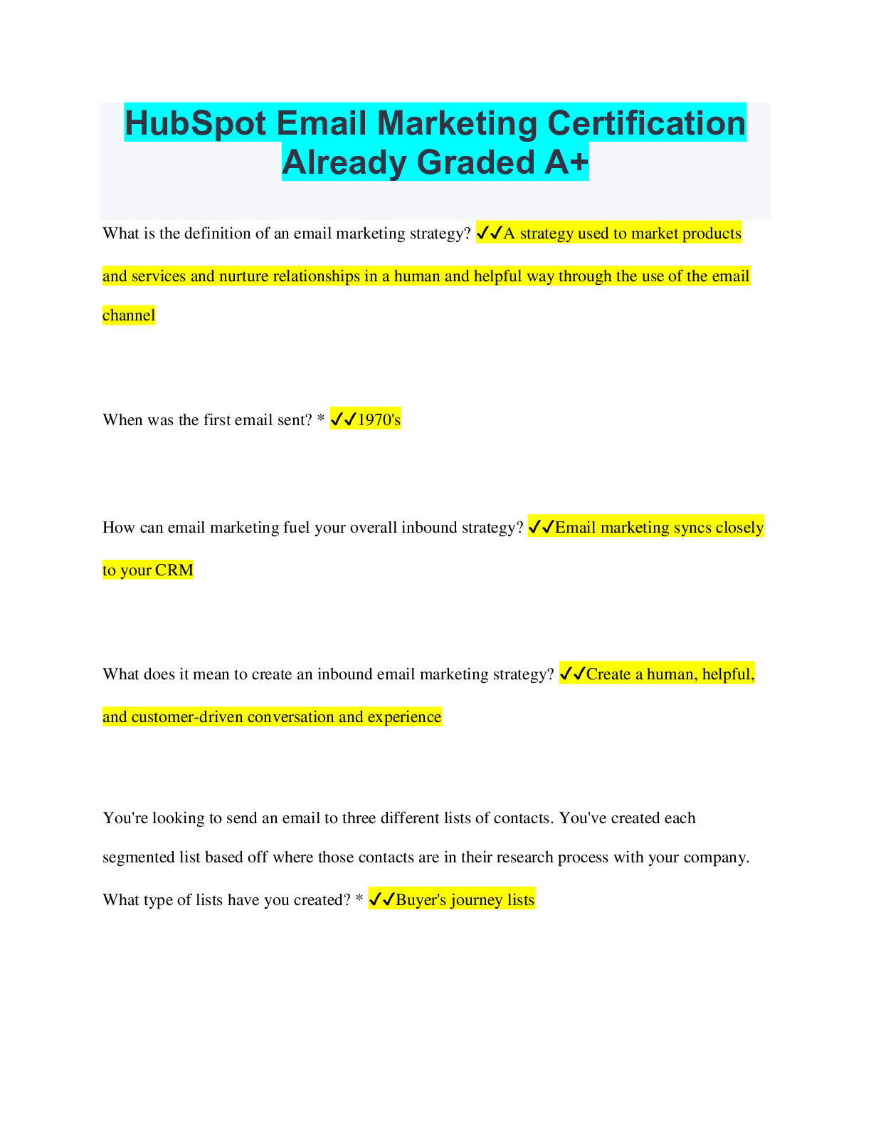 Preview of HubSpot Email Marketing Certification Already Graded A+
